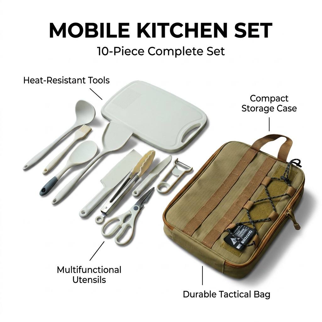 Camping Cooking Cutlery Set - Draagbare 9-delige campingkeukenset, kookgereiset voor buiten