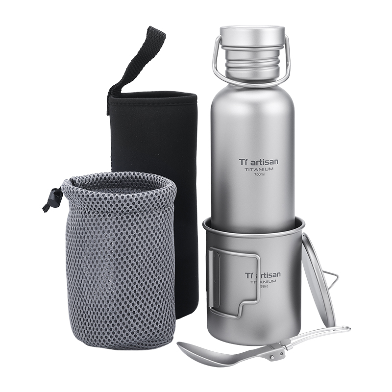 Camping Cooking Set Lightweight - Tiartisan Titanium kookgerei 3-delige set Fietswaterfles