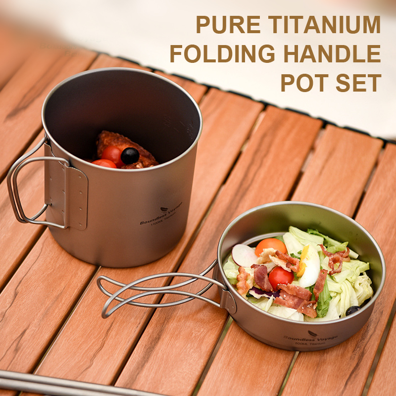 Camping Cooking Set Lightweight - Pure Titanium Opvouwbare Handvat Pot Set,