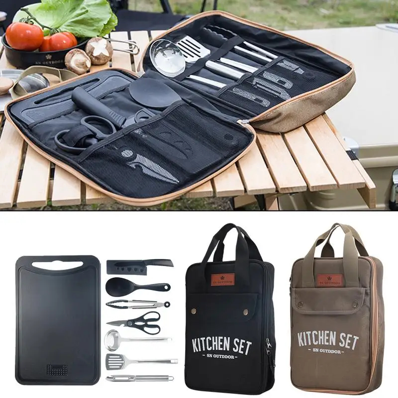 Camping Cooking Cutlery Set - 8-delige campingkeukenset, draagbare outdoor reisgerei, roestvrijstalen