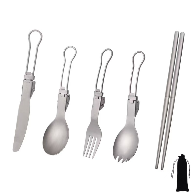 Camping Cooking Cutlery Set - Titanium opvouwbare bestekset met vork, lepel,